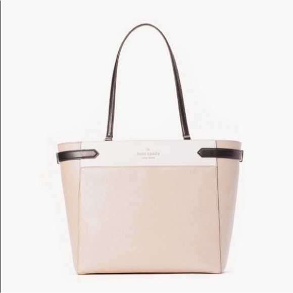 Kate Spade Staci Saffiano Color Block Large Laptop Carryall Tote Bag Beige NWOT - Picture 1 of 10